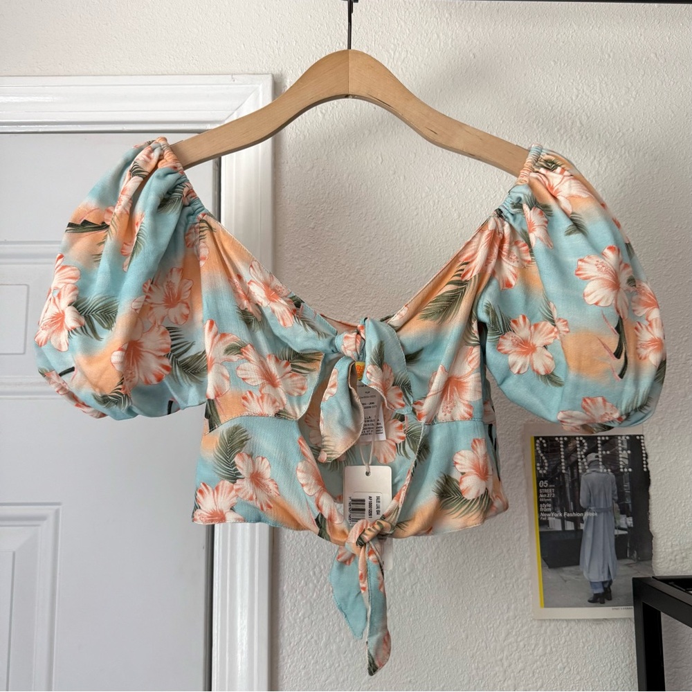 NWT AGUA BENDITA blue orange floral tropical puff short sleeve cutout tie top